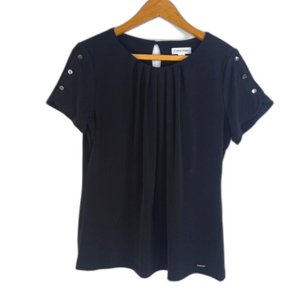 Calvin Klein Tab Shoulder Pleated Neckline Neutral Minimalist Blouse Size Medium - Picture 1 of 11